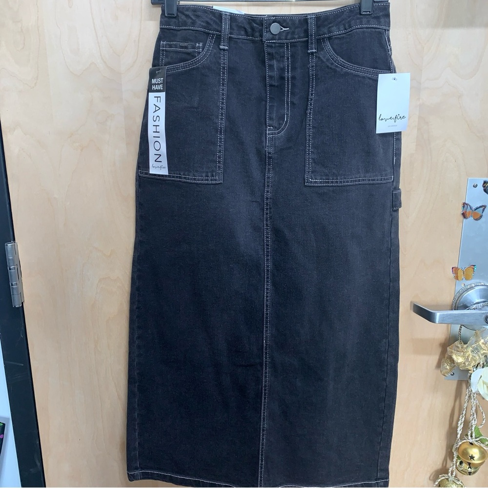 Love fire long washed denim skirt